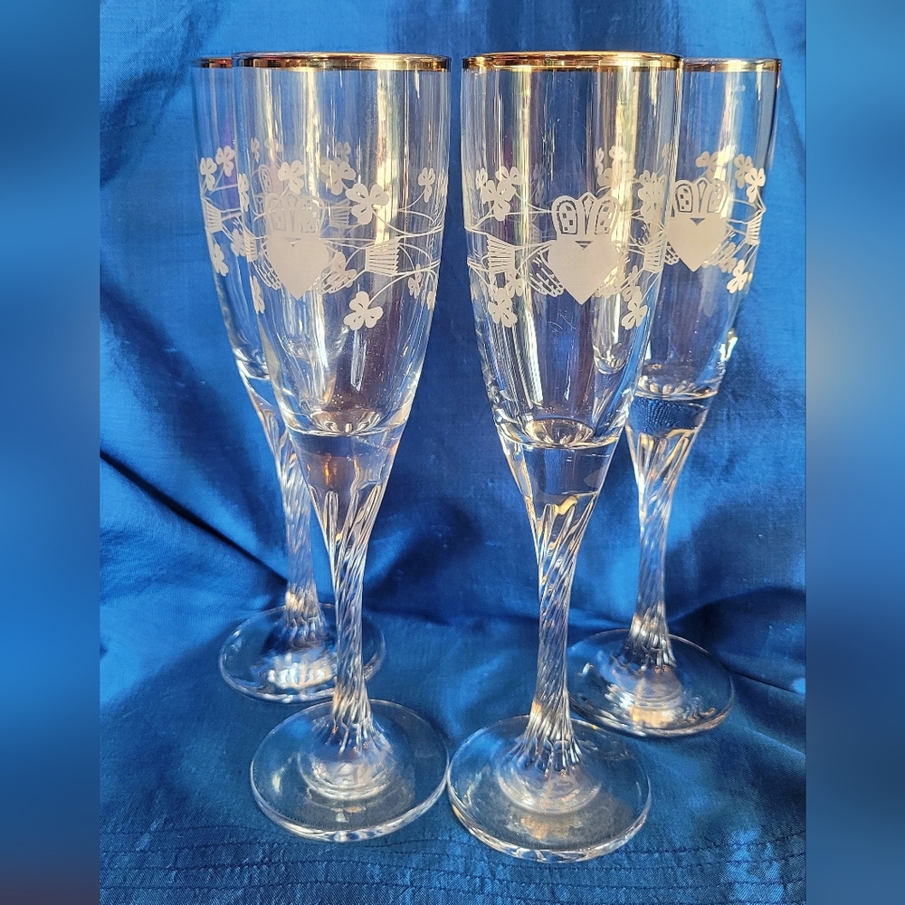 Eamon Hand Engraved Crystal Clover Etched Champagne Flutes From Ireland Set of 4